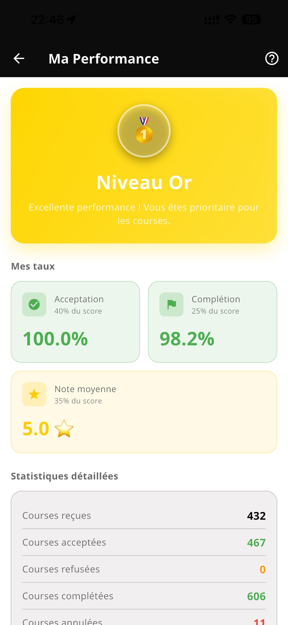 Application chauffeur Taxi HITS - tableau de performance