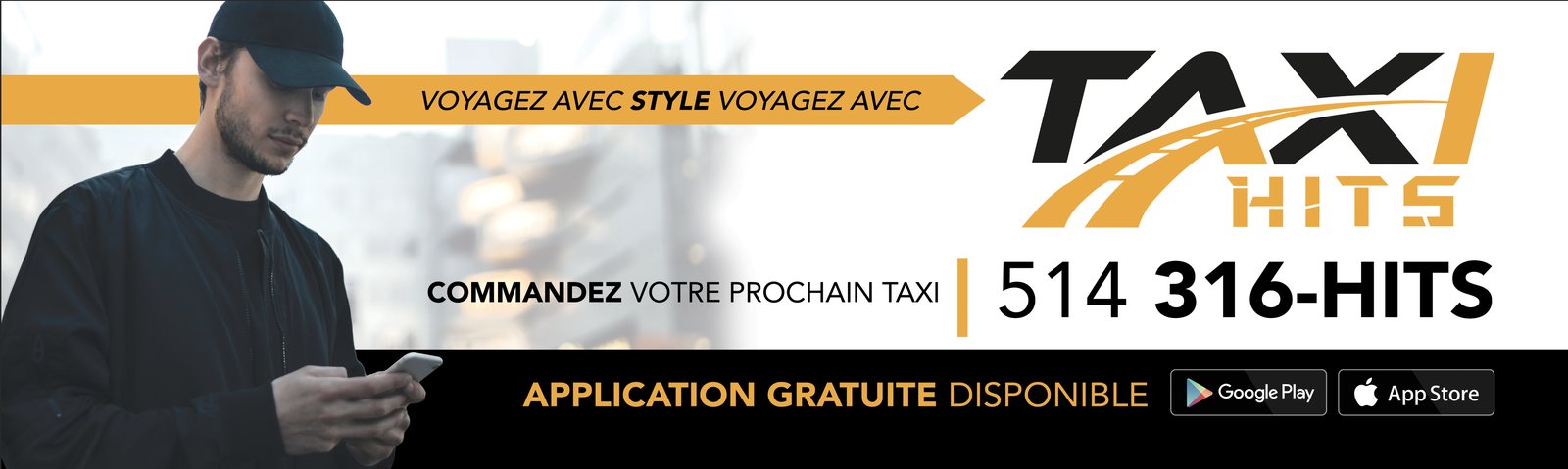 Affiche publicitaire Taxi HITS apposée sur les autobus exo : 514 316-HITS et application gratuite